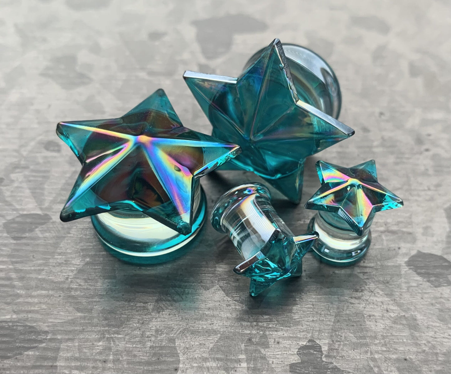 PAIR of Stunning Blue Aurora Borealis Glass Star Double Flare Plugs - ONLY 12MM (1/2") LEFT!