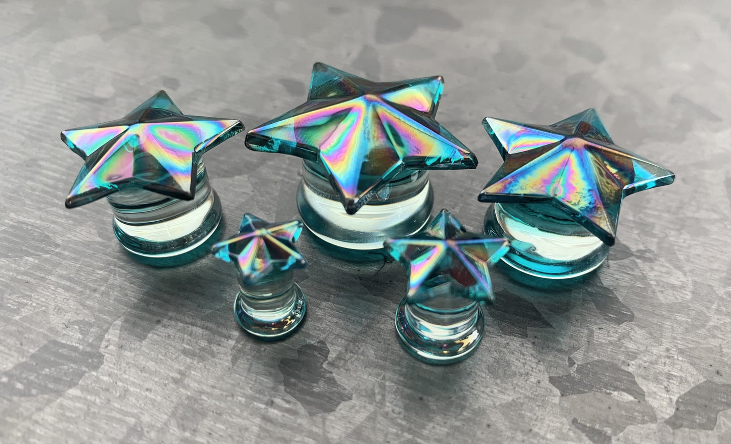 PAIR of Stunning Blue Aurora Borealis Glass Star Double Flare Plugs - ONLY 12MM (1/2") LEFT!