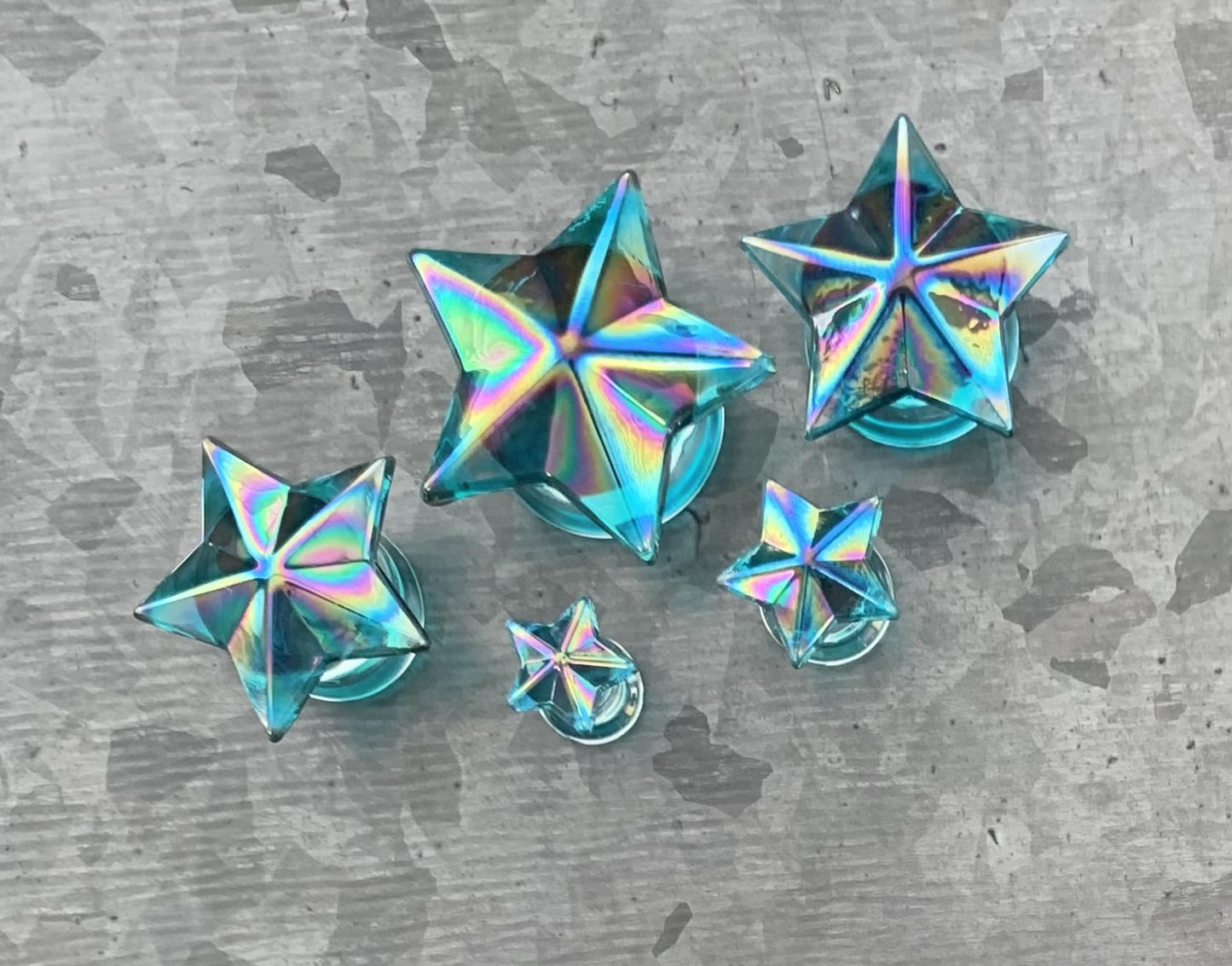 PAIR of Stunning Blue Aurora Borealis Glass Star Double Flare Plugs - ONLY 12MM (1/2") LEFT!