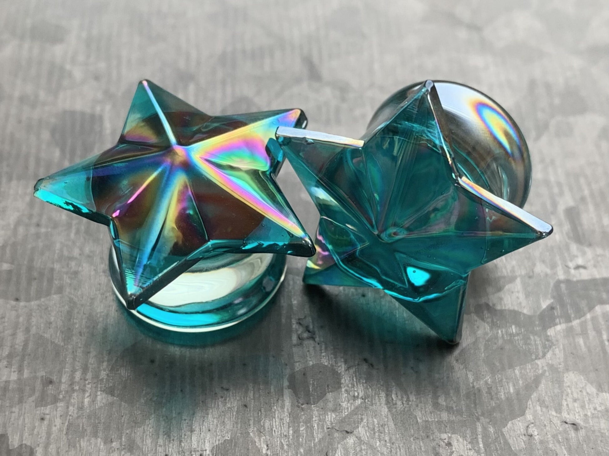 PAIR of Stunning Blue Aurora Borealis Glass Star Double Flare Plugs - ONLY 12MM (1/2") LEFT!