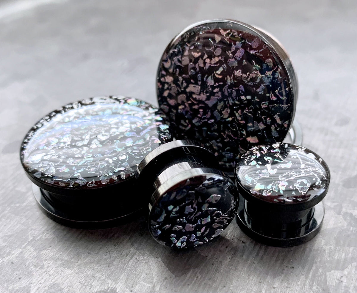 PAIR of Unique Rainbow Fossil Stainless Steel Black Screw Fit Tunnels / Plugs - Gauges 2g (6mm) thru 1" (25mm) available!