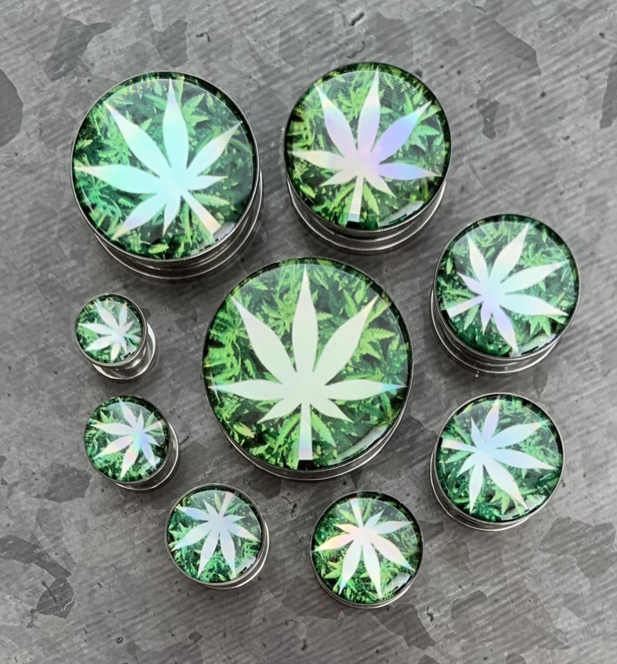 PAIR of Unique Hologram Pot Leaf Screw Fit Surgical Steel Tunnels/Plugs - Gauges 2g (6mm) thru 1" (25mm) available!