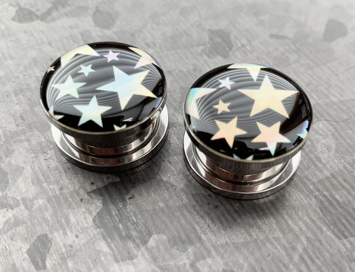 PAIR of Beautiful Hologram Star Screw Fit Surgical Steel Tunnels/Plugs - Gauges 2g (6mm) thru 5/8" (16mm) available!