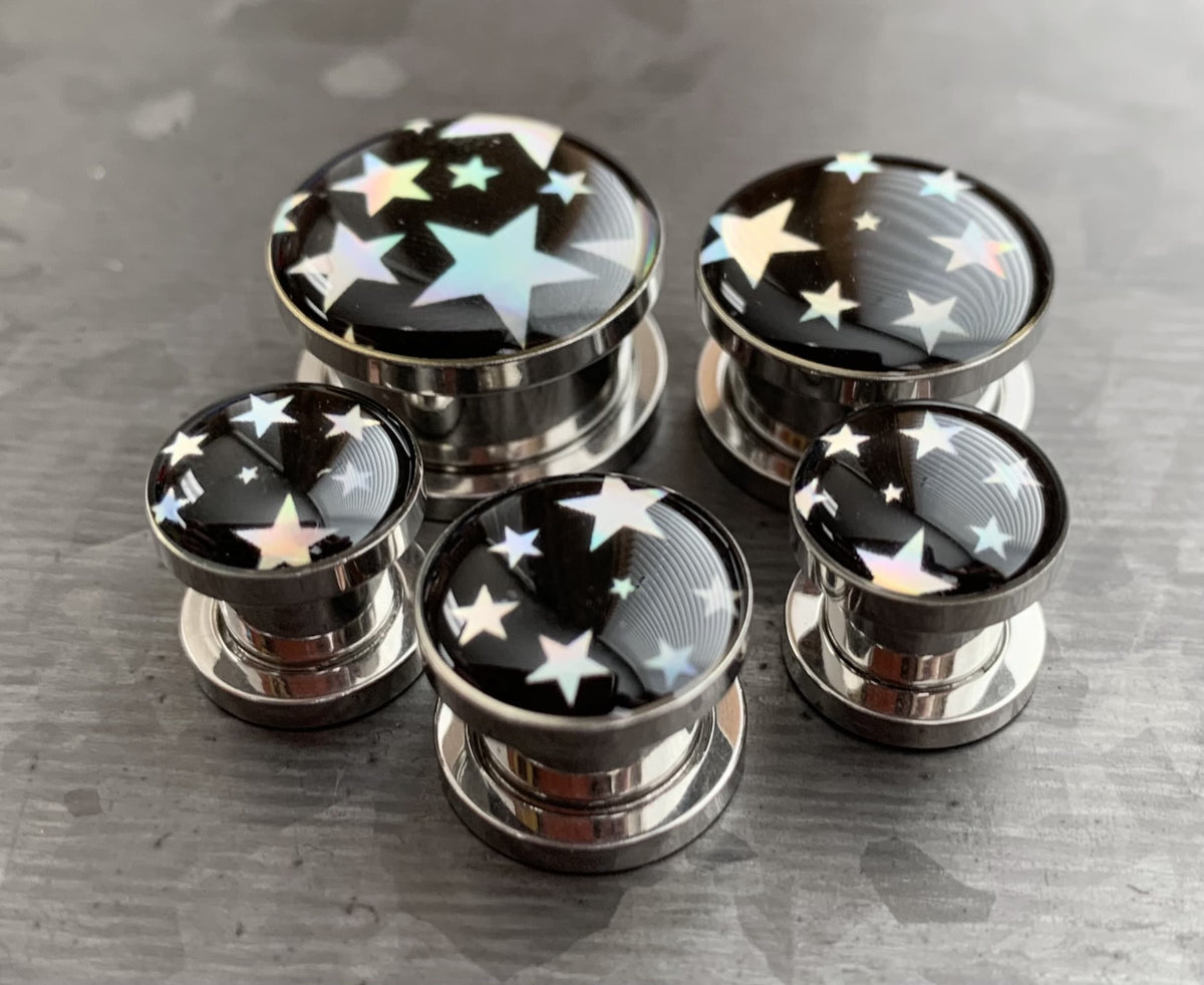 PAIR of Beautiful Hologram Star Screw Fit Surgical Steel Tunnels/Plugs - Gauges 2g (6mm) thru 5/8" (16mm) available!