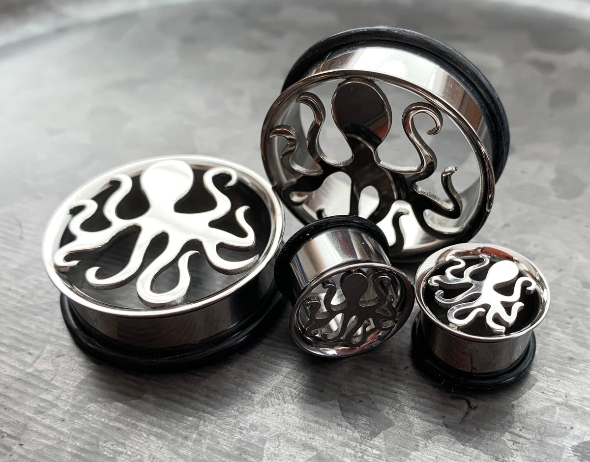 PAIR of Unique Octopus Surgical Steel Single Flare Tunnels/Plugs with O-Rings - Gauges 0g (8mm) thru - 1&3/16" (30mm) Available!