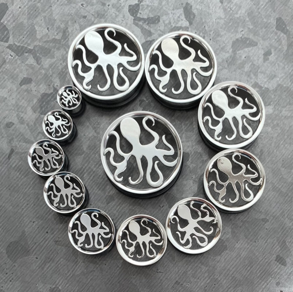 PAIR of Unique Octopus Surgical Steel Single Flare Tunnels/Plugs with O-Rings - Gauges 0g (8mm) thru - 1&3/16" (30mm) Available!