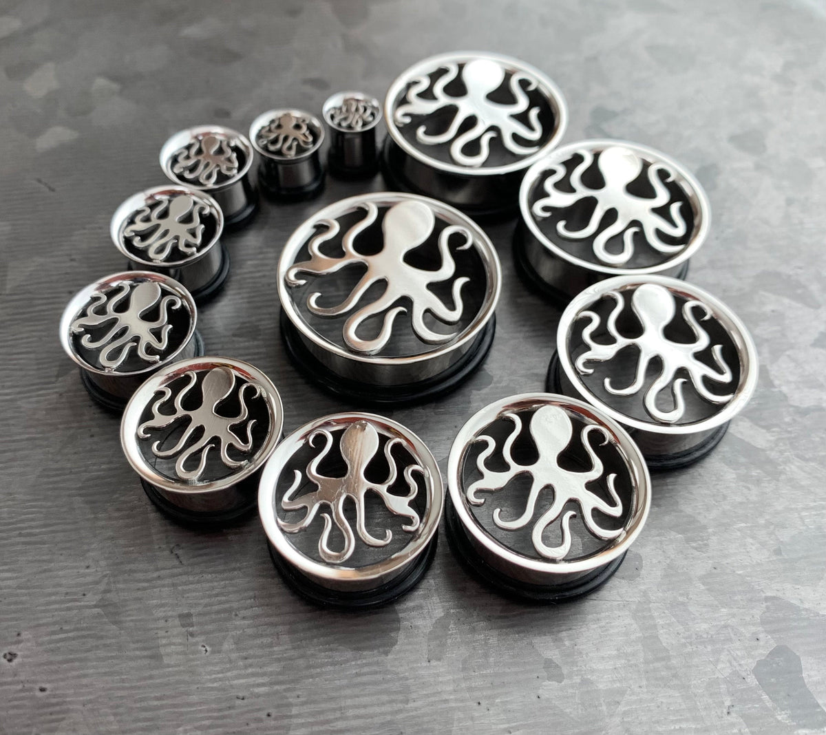 PAIR of Unique Octopus Surgical Steel Single Flare Tunnels/Plugs with O-Rings - Gauges 0g (8mm) thru - 1&3/16" (30mm) Available!
