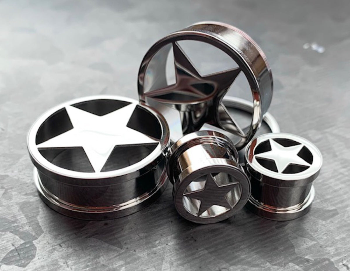 PAIR of Stunning Surgical Steel Star Screw Fit Tunnels / Plugs - Silver or Black - Gauges 2g (6mm) thru 1" (25mm) available!
