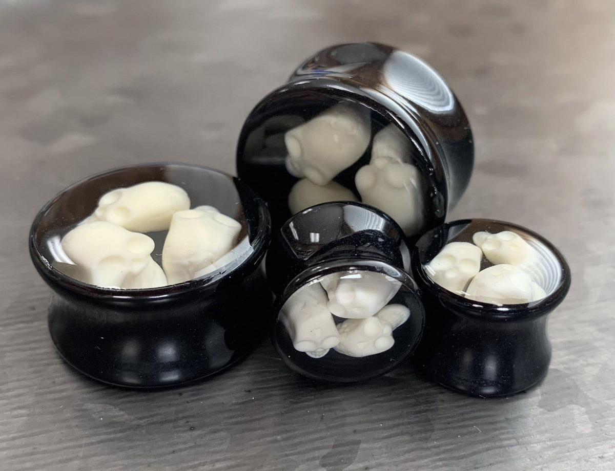 PAIR of Unique Triple Skull Encased Black Acrylic Saddle Plugs - Gauges 00g (10mm) thru 15/16" (24mm) available!