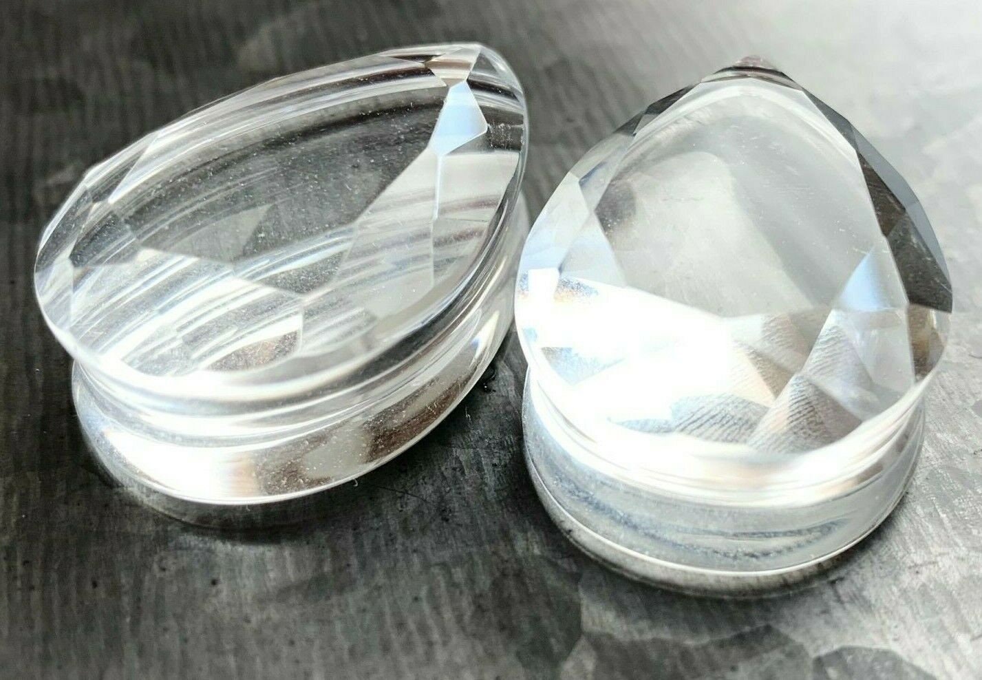 PAIR of Stunning Faceted Clear Glass Teardrop / Tear Drop Double Flare Plugs - Gauges 0g (8mm) up to 1" (25mm) available!