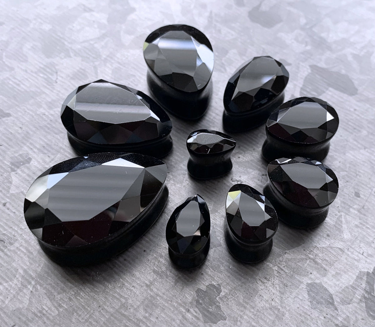 PAIR of Unique Faceted Black Glass Teardrop / Tear Drop Double Flare Plugs - Gauges 0g (8mm) up to 1" (25mm) available!
