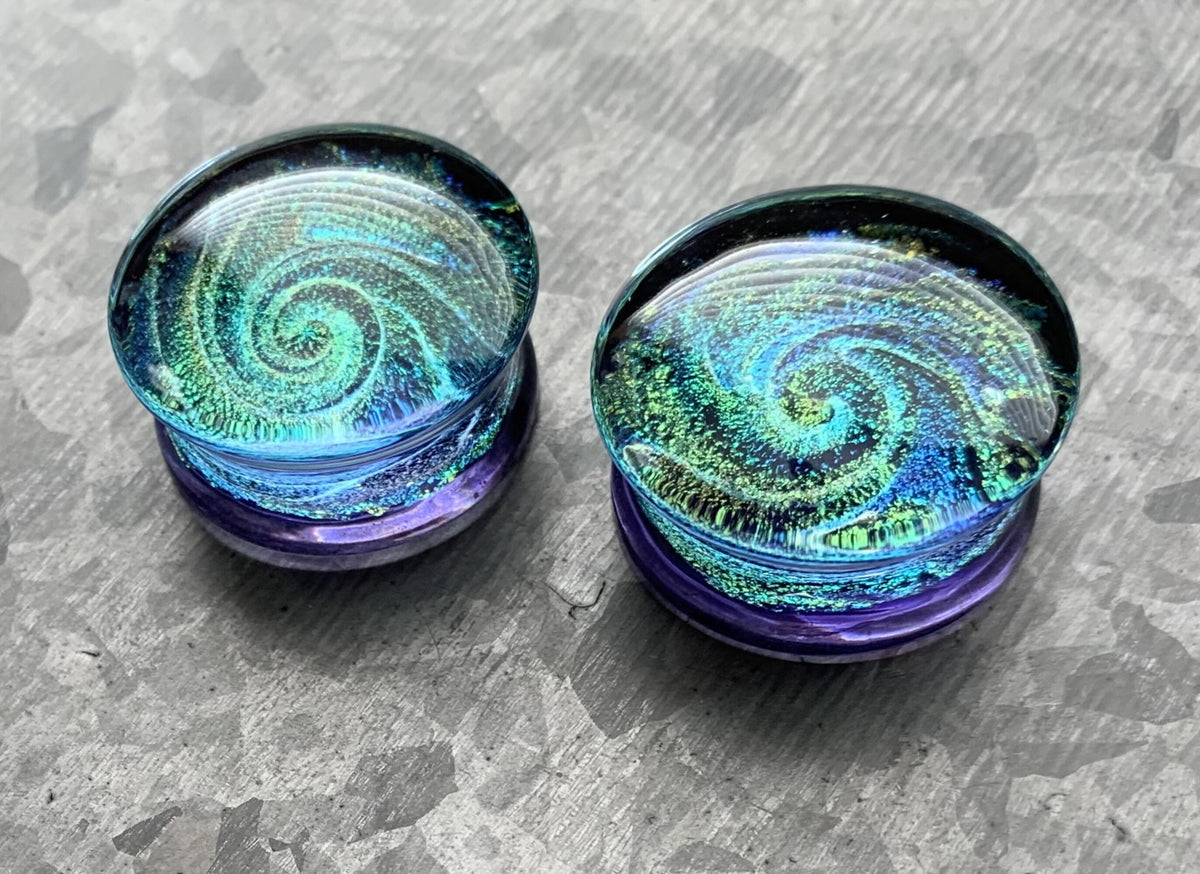 PAIR of Beautiful Lavender Sparkle Galaxy Swirl Design Pyrex Glass Plugs - Gauges 2g (6mm) through 1" (25mm) available!