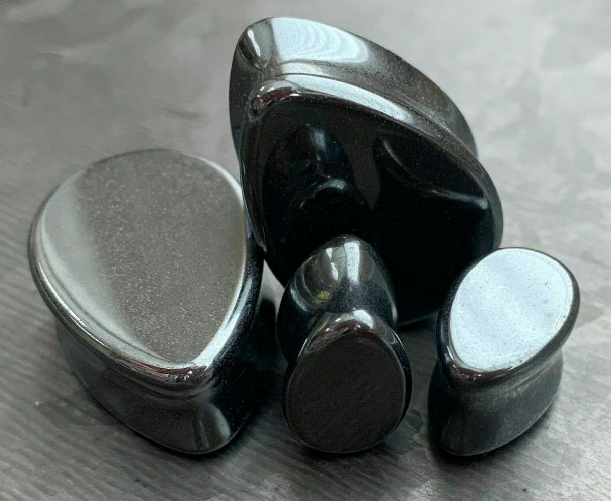 PAIR of Unique Hematite Organic Teardrop / Tear Drop Stone Double Flare Plugs - Gauges 2g (6mm) up to 1" (25mm) available!