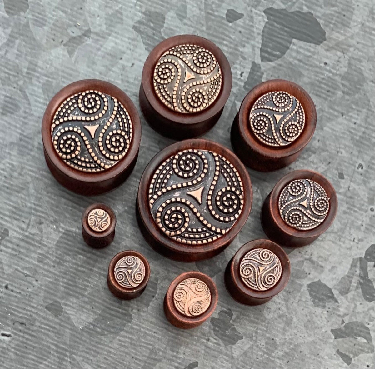 PAIR of Stunning Dotted Tribal Swirl Pattern Organic Rose Wood Saddle Plugs - Gauges 2g (6mm) up to 1" (25mm) available!