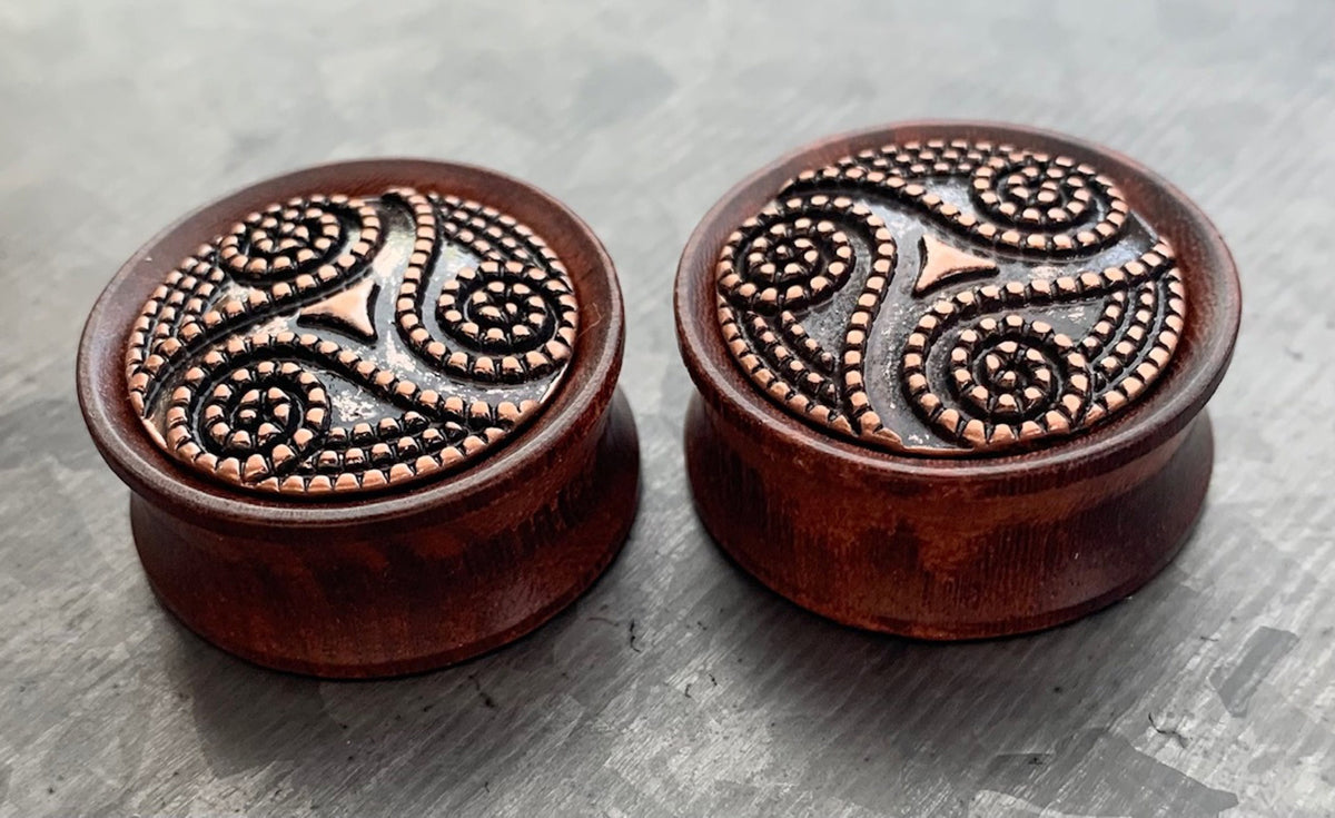 PAIR of Stunning Dotted Tribal Swirl Pattern Organic Rose Wood Saddle Plugs - Gauges 2g (6mm) up to 1" (25mm) available!