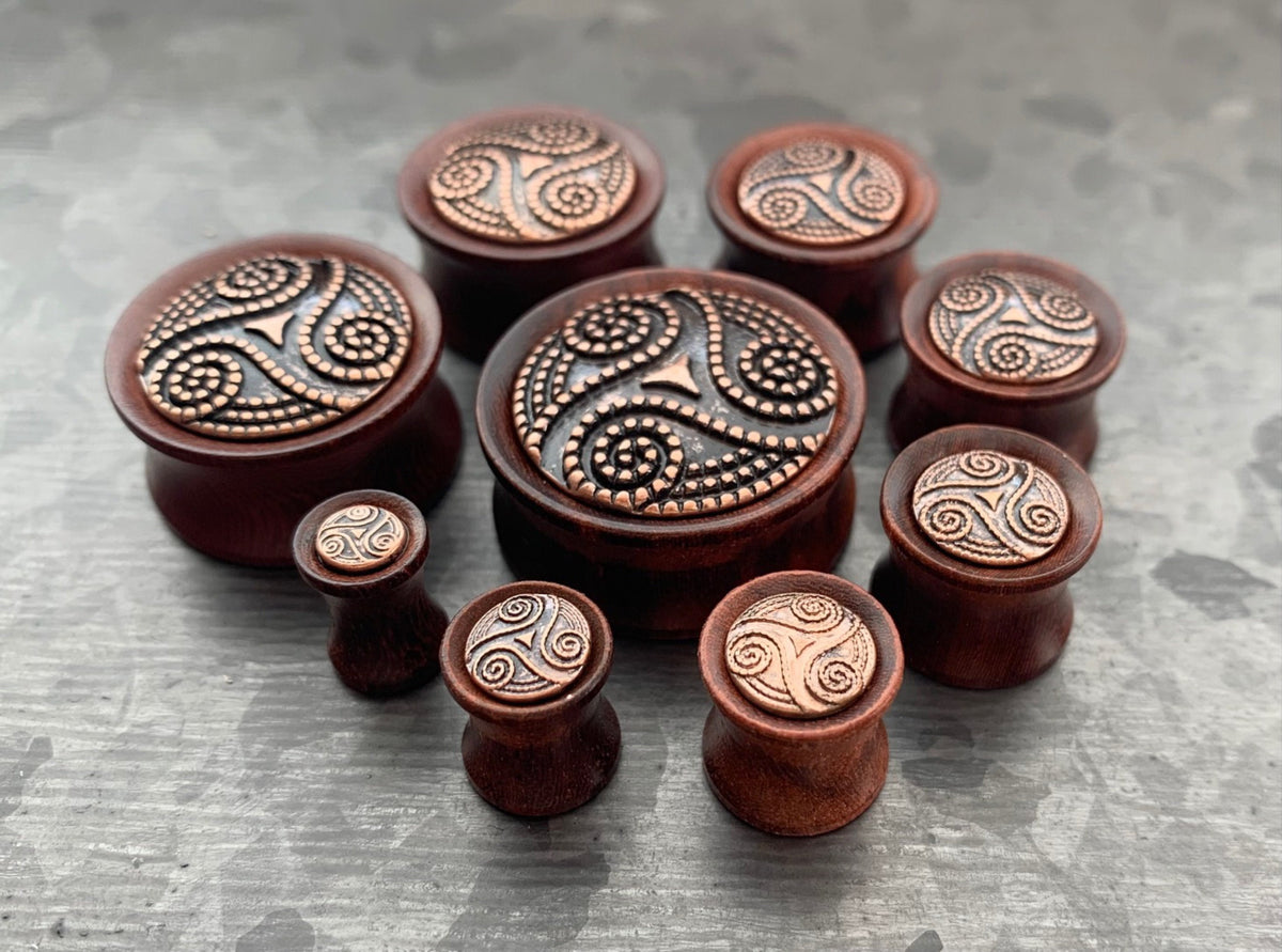 PAIR of Stunning Dotted Tribal Swirl Pattern Organic Rose Wood Saddle Plugs - Gauges 2g (6mm) up to 1" (25mm) available!