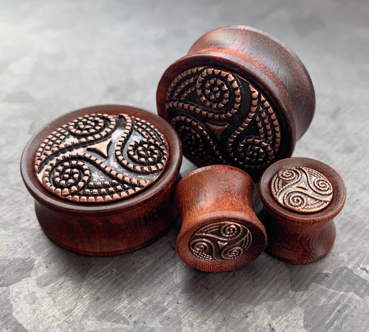 PAIR of Stunning Dotted Tribal Swirl Pattern Organic Rose Wood Saddle Plugs - Gauges 2g (6mm) up to 1" (25mm) available!