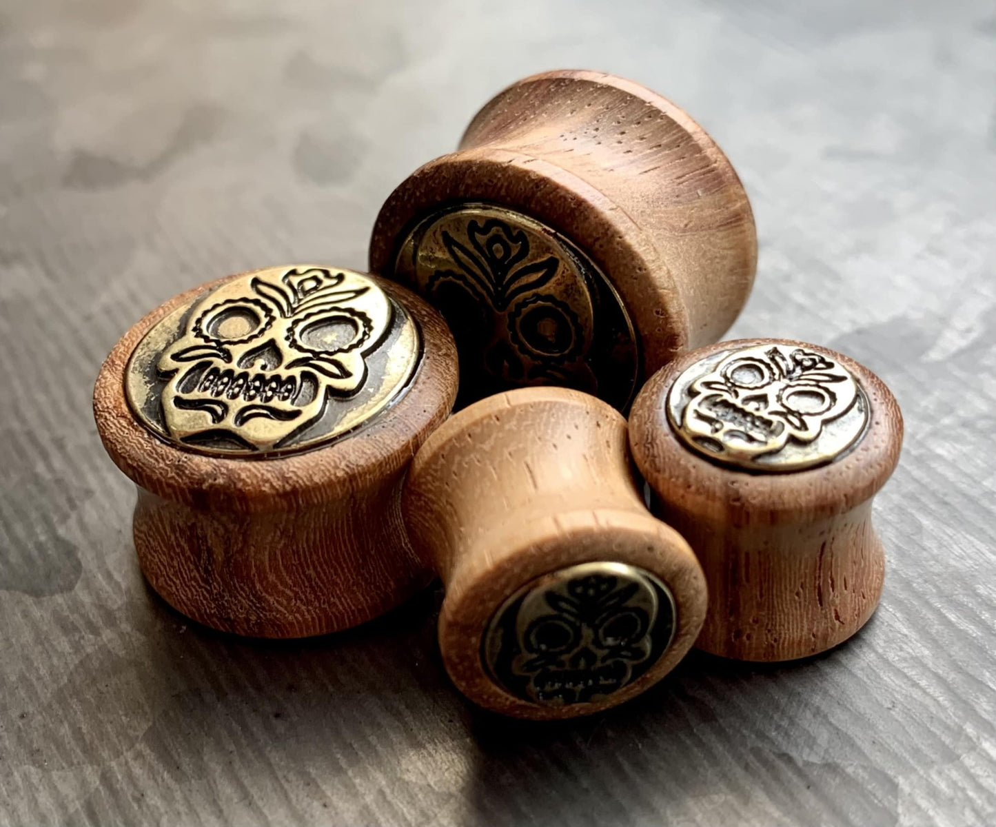 PAIR of Unique Organic Sono Wood Antique Gold Sugar Skull Shield Saddle Plugs - Gauges 0g (8mm) up to 5/8" (16mm) available!