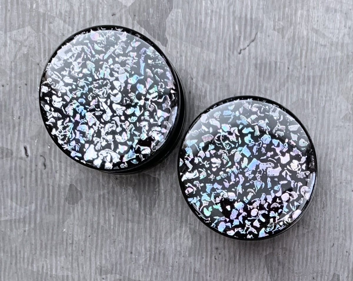 PAIR of Unique Rainbow Fossil Stainless Steel Black Screw Fit Tunnels / Plugs - Gauges 2g (6mm) thru 1" (25mm) available!