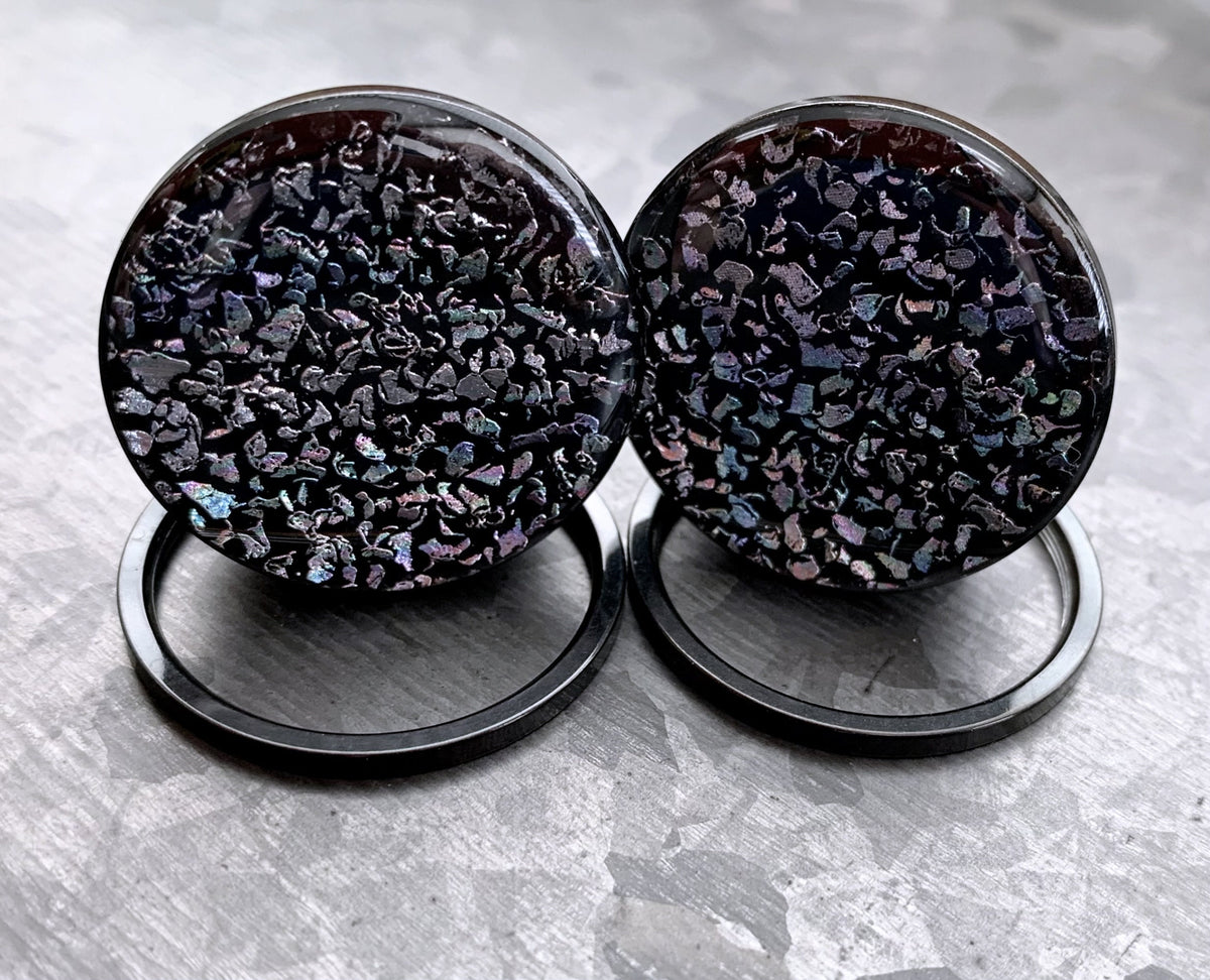 PAIR of Unique Rainbow Fossil Stainless Steel Black Screw Fit Tunnels / Plugs - Gauges 2g (6mm) thru 1" (25mm) available!