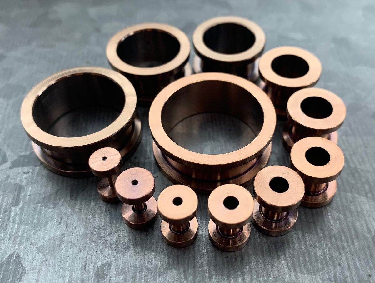 PAIR of Stunning Bronze Plated 316L Steel Screw Fit Tunnels/Plugs - Gauges 16g (1.2mm) thru 15/16" (24mm) available!