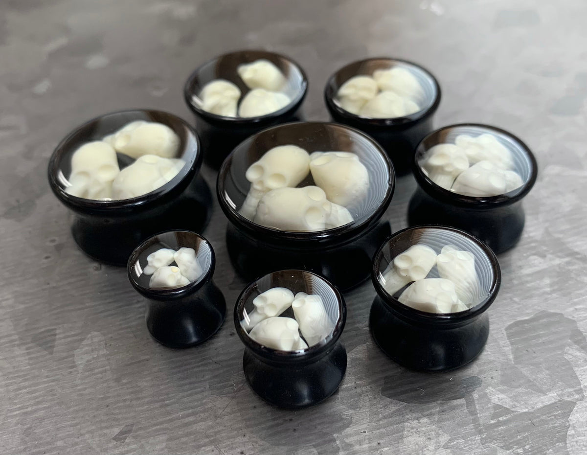PAIR of Unique Triple Skull Encased Black Acrylic Saddle Plugs - Gauges 00g (10mm) thru 15/16" (24mm) available!