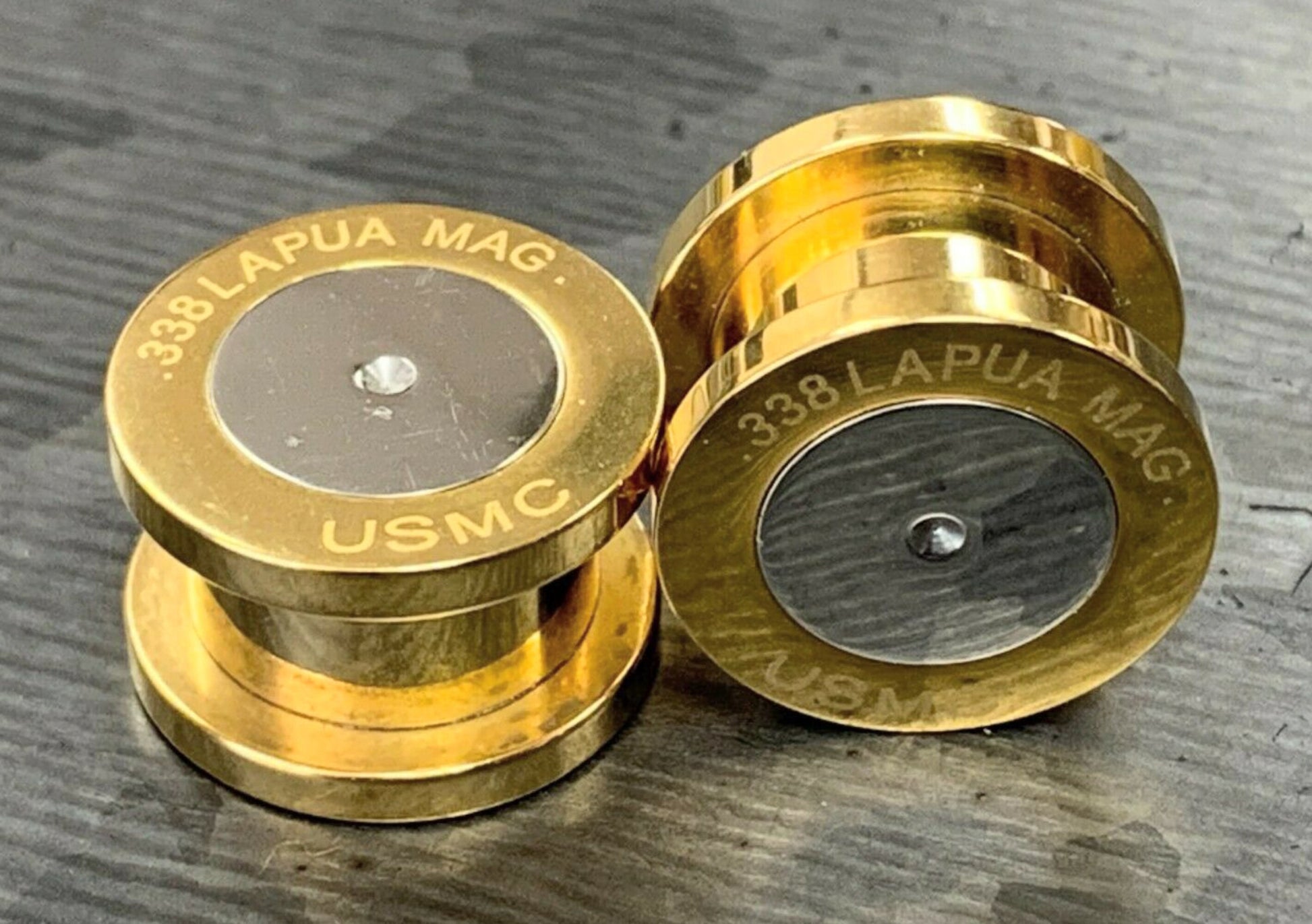 PAIR of Gold Ion Plated .338 Lapua Mag USMC Bullet Internally Threaded Plug - Gauges 2g (6mm) thru 1/2" (12mm) available!