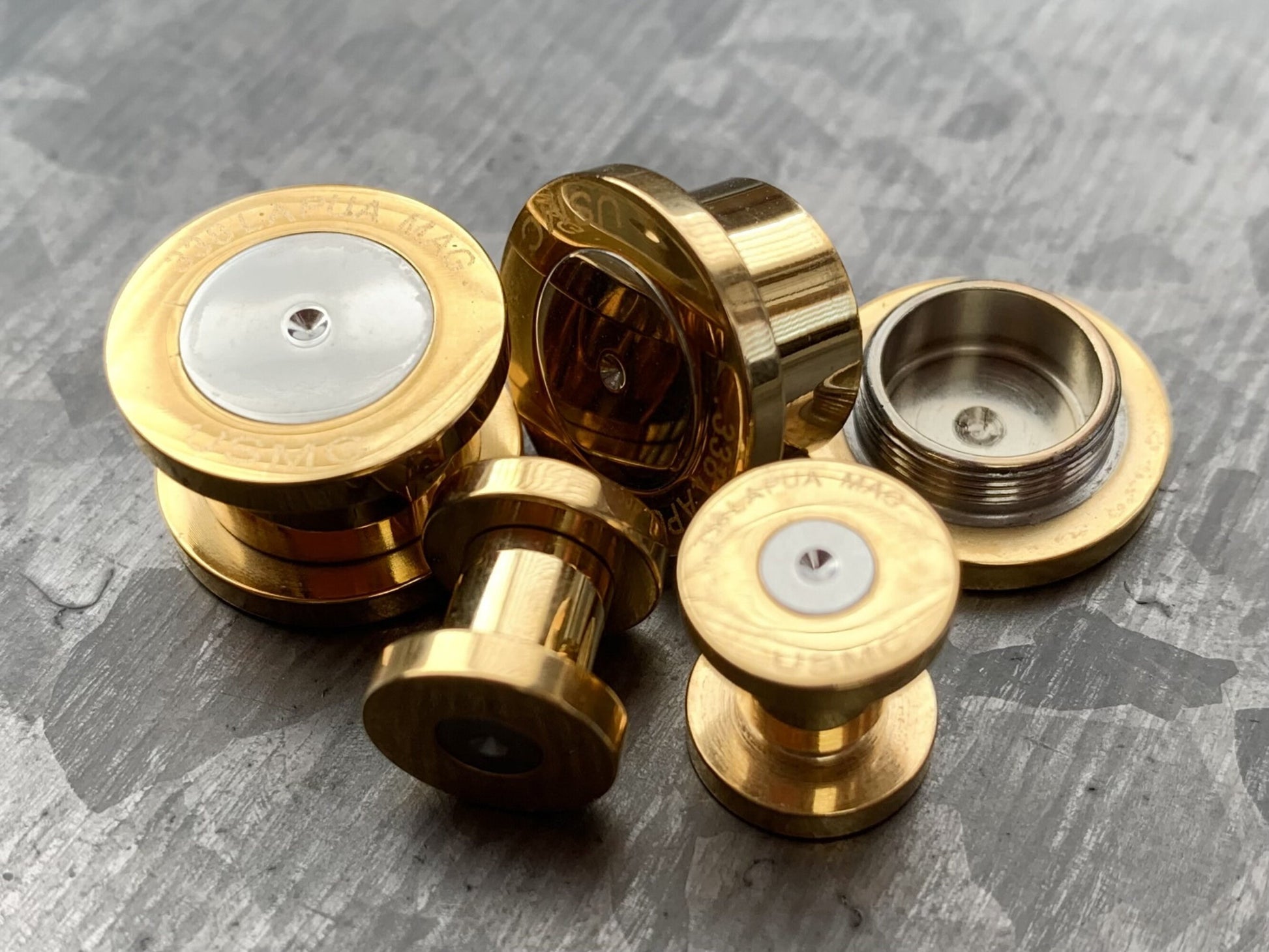 PAIR of Gold Ion Plated .338 Lapua Mag USMC Bullet Internally Threaded Plug - Gauges 2g (6mm) thru 1/2" (12mm) available!