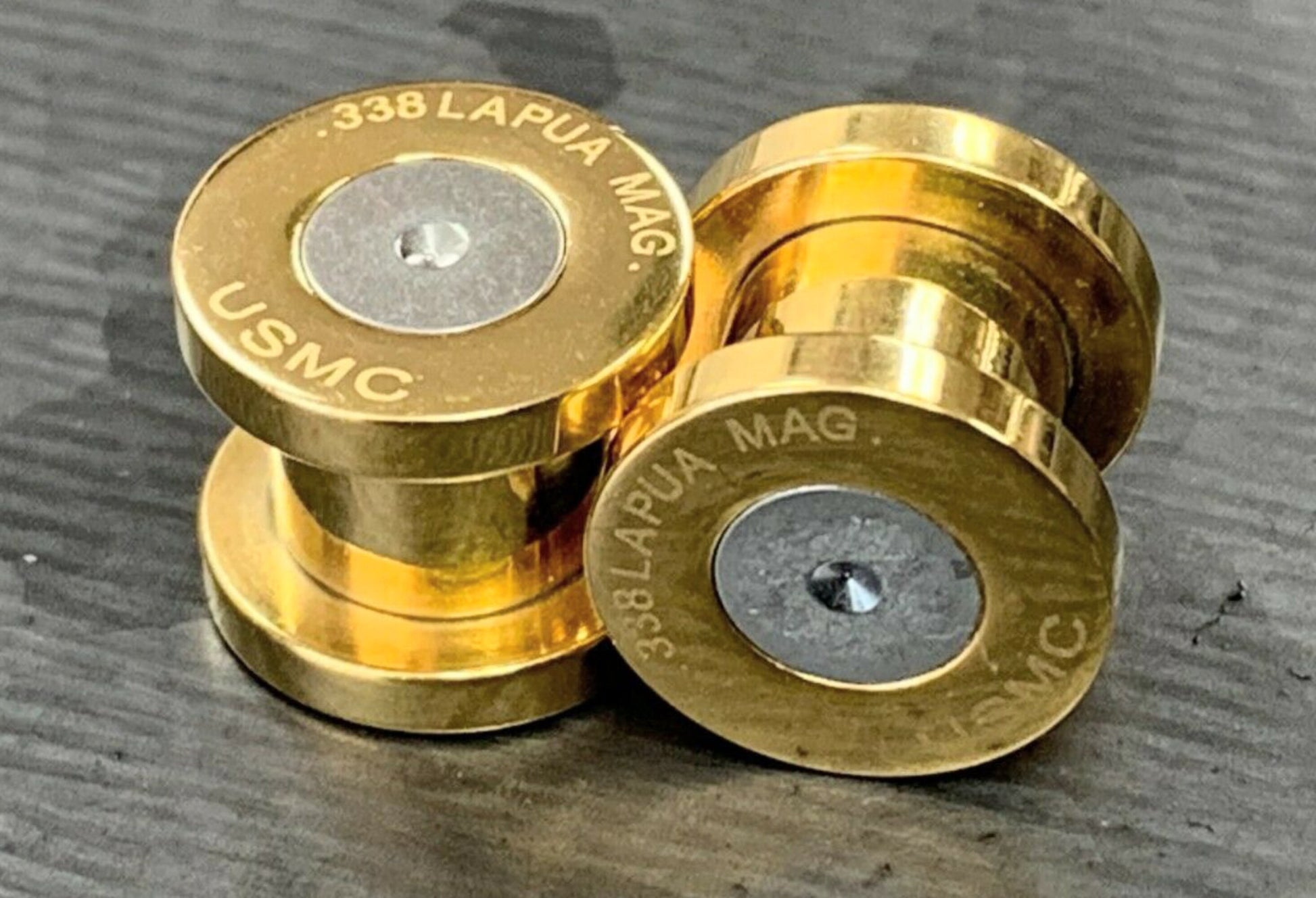 PAIR of Gold Ion Plated .338 Lapua Mag USMC Bullet Internally Threaded Plug - Gauges 2g (6mm) thru 1/2" (12mm) available!