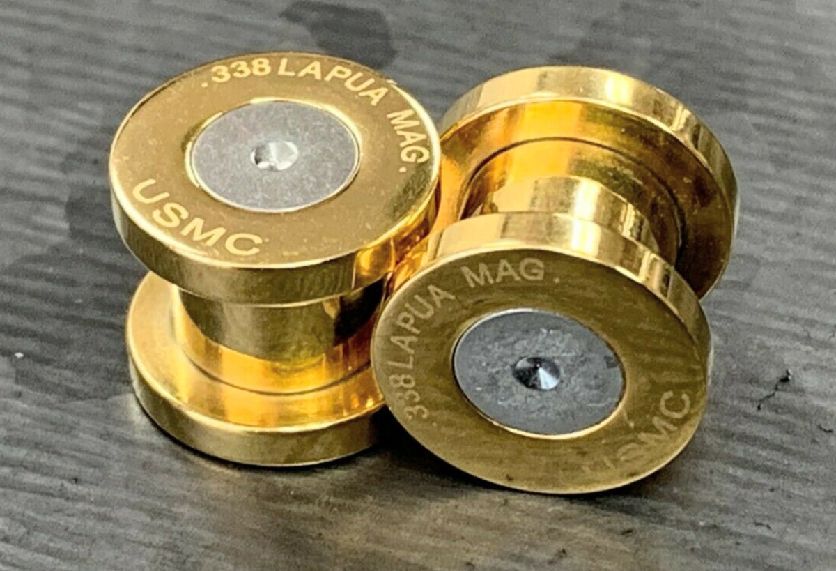 PAIR of Gold Ion Plated .338 Lapua Mag USMC Bullet Internally Threaded Plug - Gauges 2g (6mm) thru 1/2" (12mm) available!