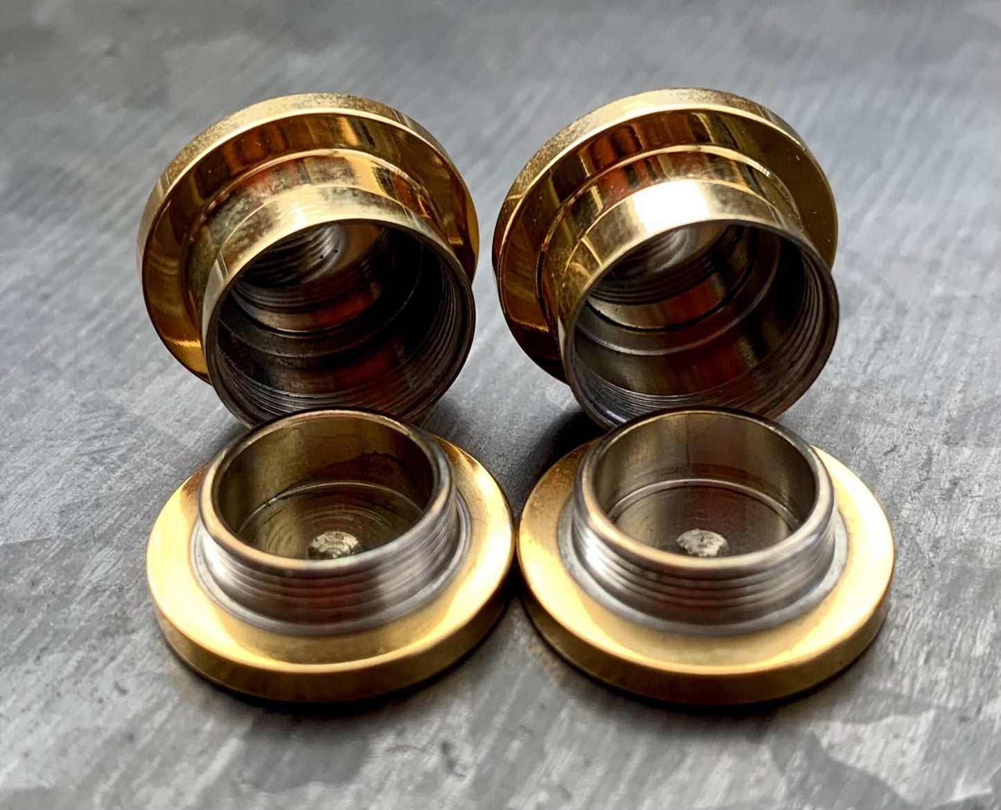 PAIR of Gold Ion Plated .338 Lapua Mag USMC Bullet Internally Threaded Plug - Gauges 2g (6mm) thru 1/2" (12mm) available!