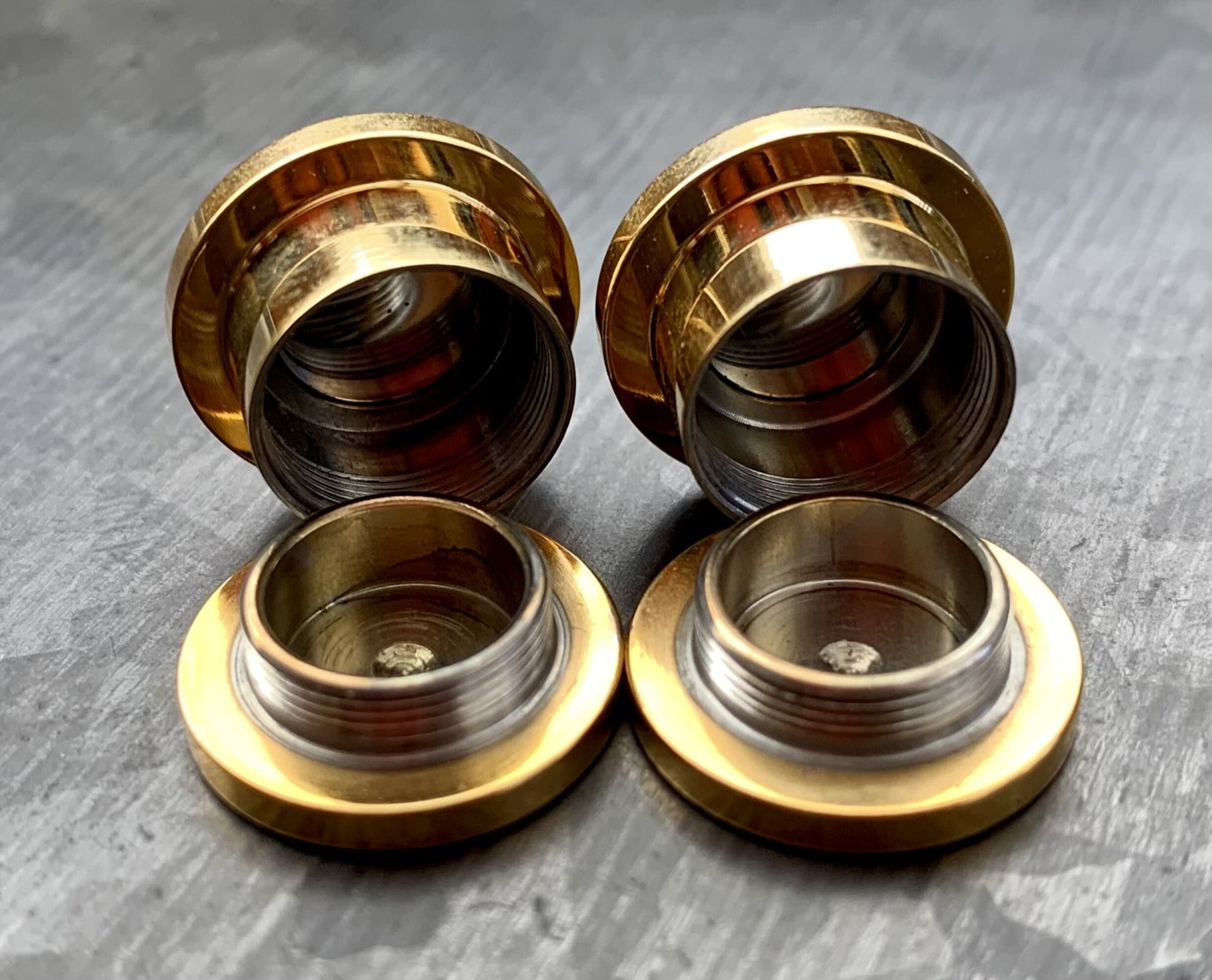 PAIR of Gold Ion Plated .338 Lapua Mag USMC Bullet Internally Threaded Plug - Gauges 2g (6mm) thru 1/2" (12mm) available!