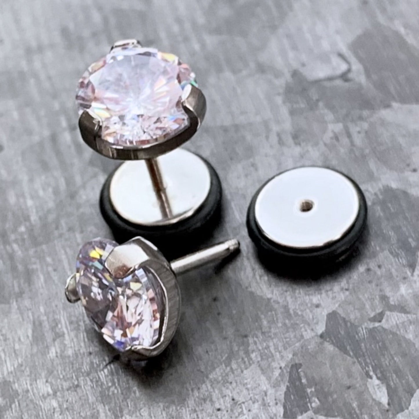 PAIR of Stunning Prong Set CZ Gem Faux / Cheater Surgical Steel Plugs - 16g - Black or Clear 2g, 0g or 00 Gem look available!