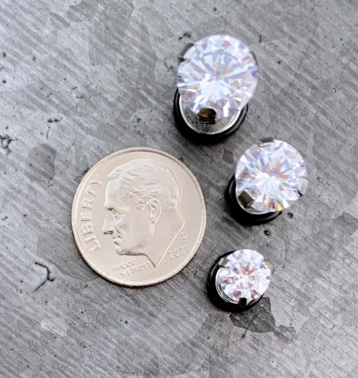 PAIR of Stunning Prong Set CZ Gem Faux / Cheater Surgical Steel Plugs - 16g - Black or Clear 2g, 0g or 00 Gem look available!