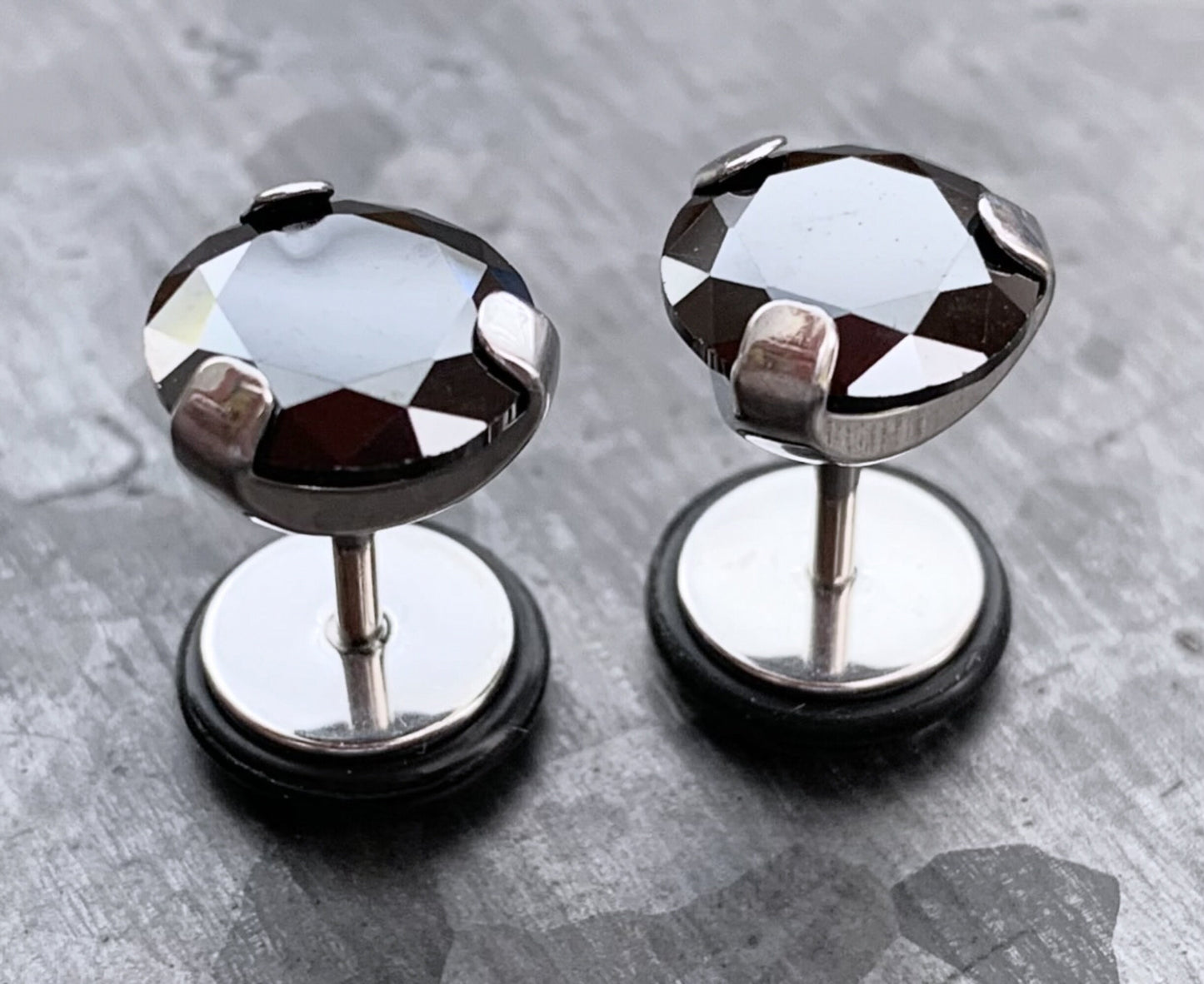PAIR of Stunning Prong Set CZ Gem Faux / Cheater Surgical Steel Plugs - 16g - Black or Clear 2g, 0g or 00 Gem look available!