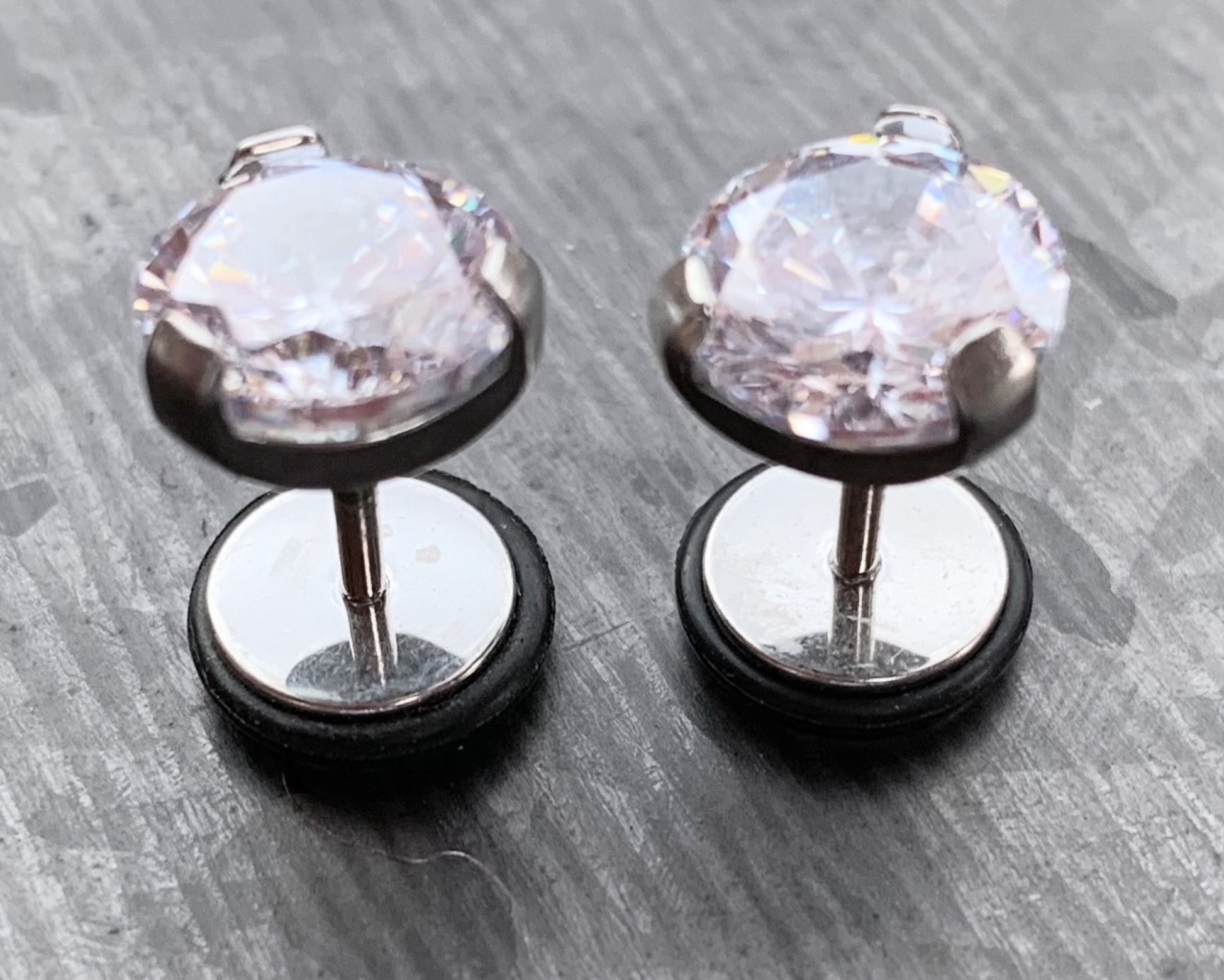 PAIR of Stunning Prong Set CZ Gem Faux / Cheater Surgical Steel Plugs - 16g - Black or Clear 2g, 0g or 00 Gem look available!