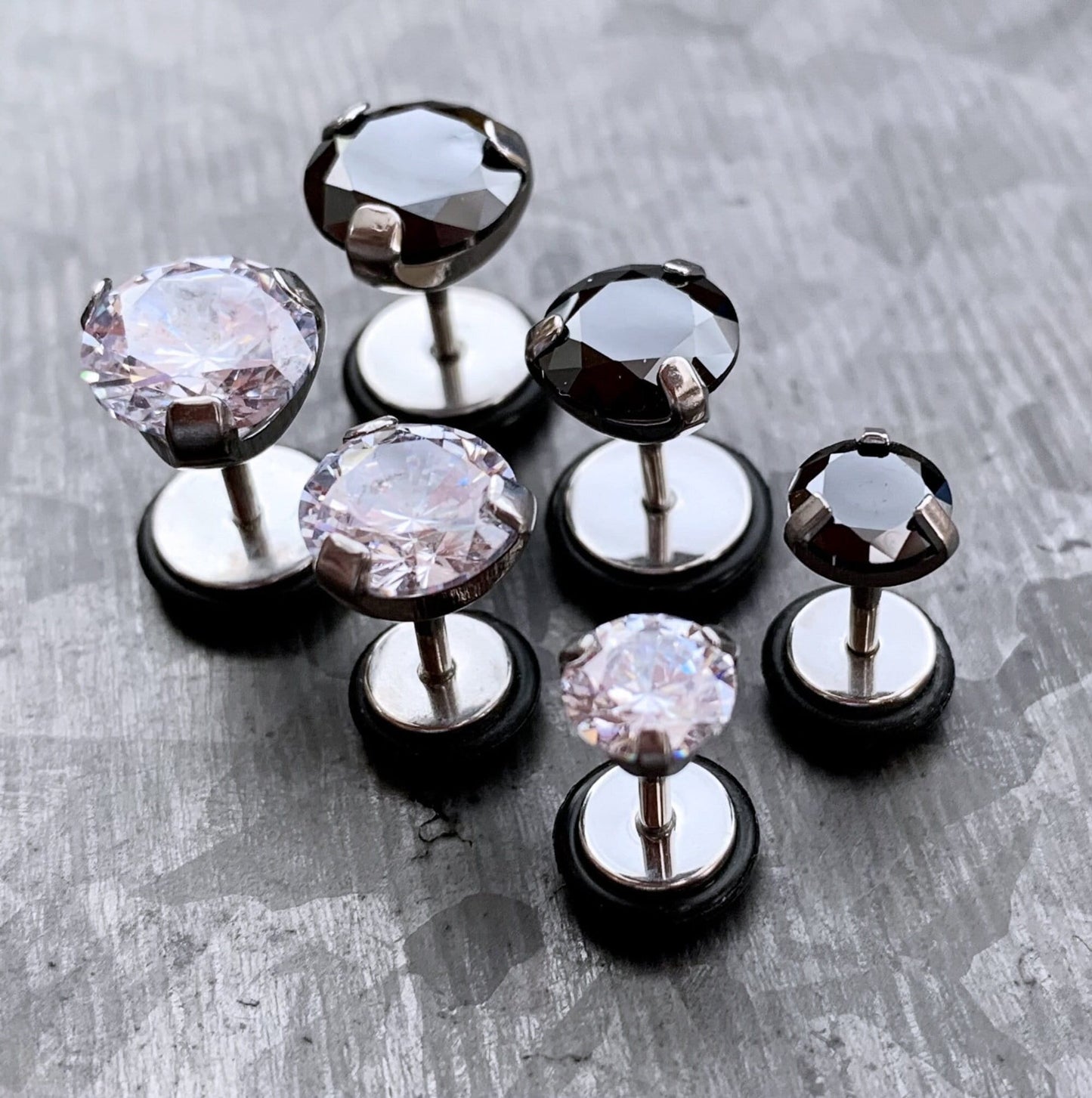PAIR of Stunning Prong Set CZ Gem Faux / Cheater Surgical Steel Plugs - 16g - Black or Clear 2g, 0g or 00 Gem look available!