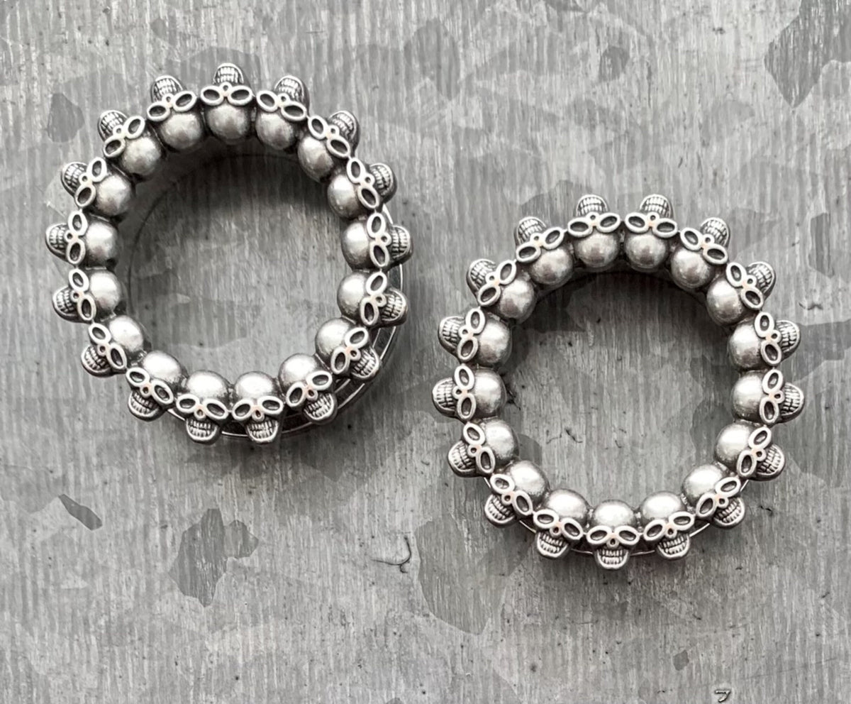 PAIR of Unique Skull Rimmed Screw Fit Stainless Steel Tunnels / Plugs - Gauges 2g (6mm) thru 1" (25mm) available!