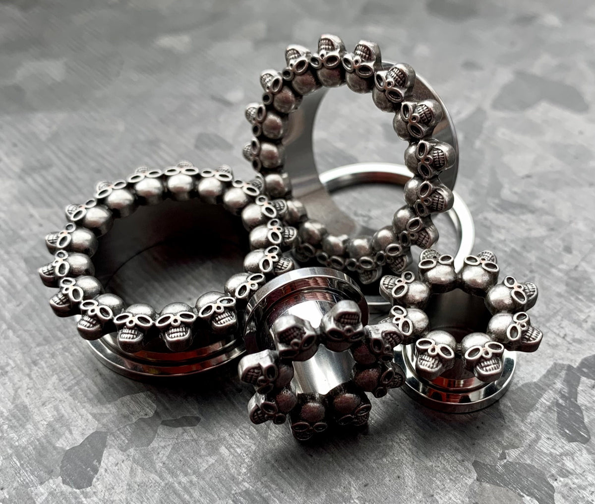 PAIR of Unique Skull Rimmed Screw Fit Stainless Steel Tunnels / Plugs - Gauges 2g (6mm) thru 1" (25mm) available!