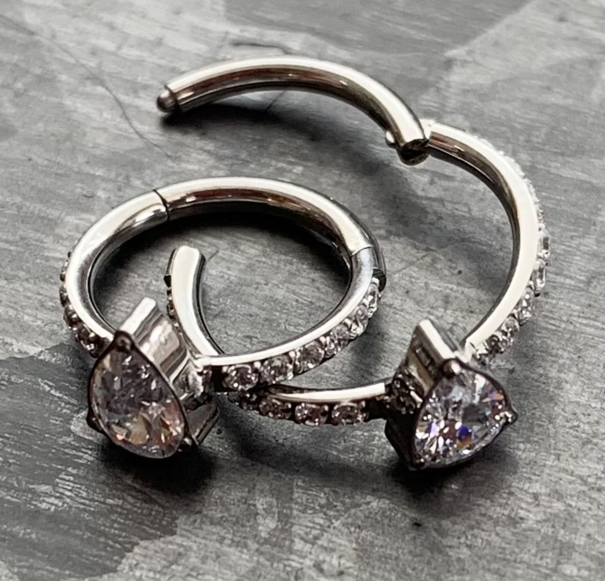 1pc Implant Grade Titanium CZ Gem Teardrop w/ Paved Sides Hinged Segment Septum Ring - 16g - 10mm, 8mm - Silver ,Gold & Rose Gold available!