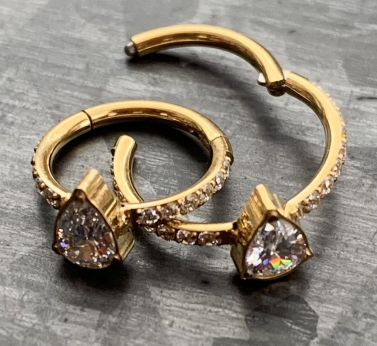 1pc Implant Grade Titanium CZ Gem Teardrop w/ Paved Sides Hinged Segment Septum Ring - 16g - 10mm, 8mm - Silver ,Gold & Rose Gold available!