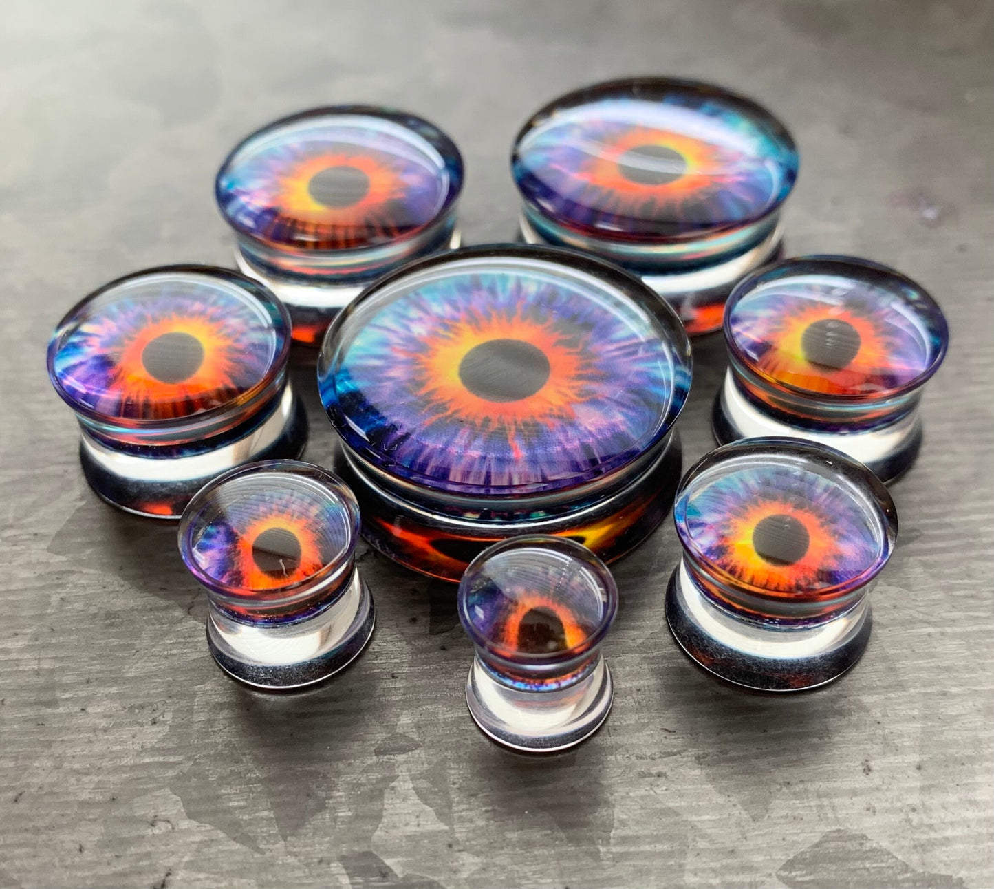 PAIR of Unique Purple Eye Encased Acrylic Saddle Plugs - Gauges 0g (8mm) thru 1" (25mm) available!