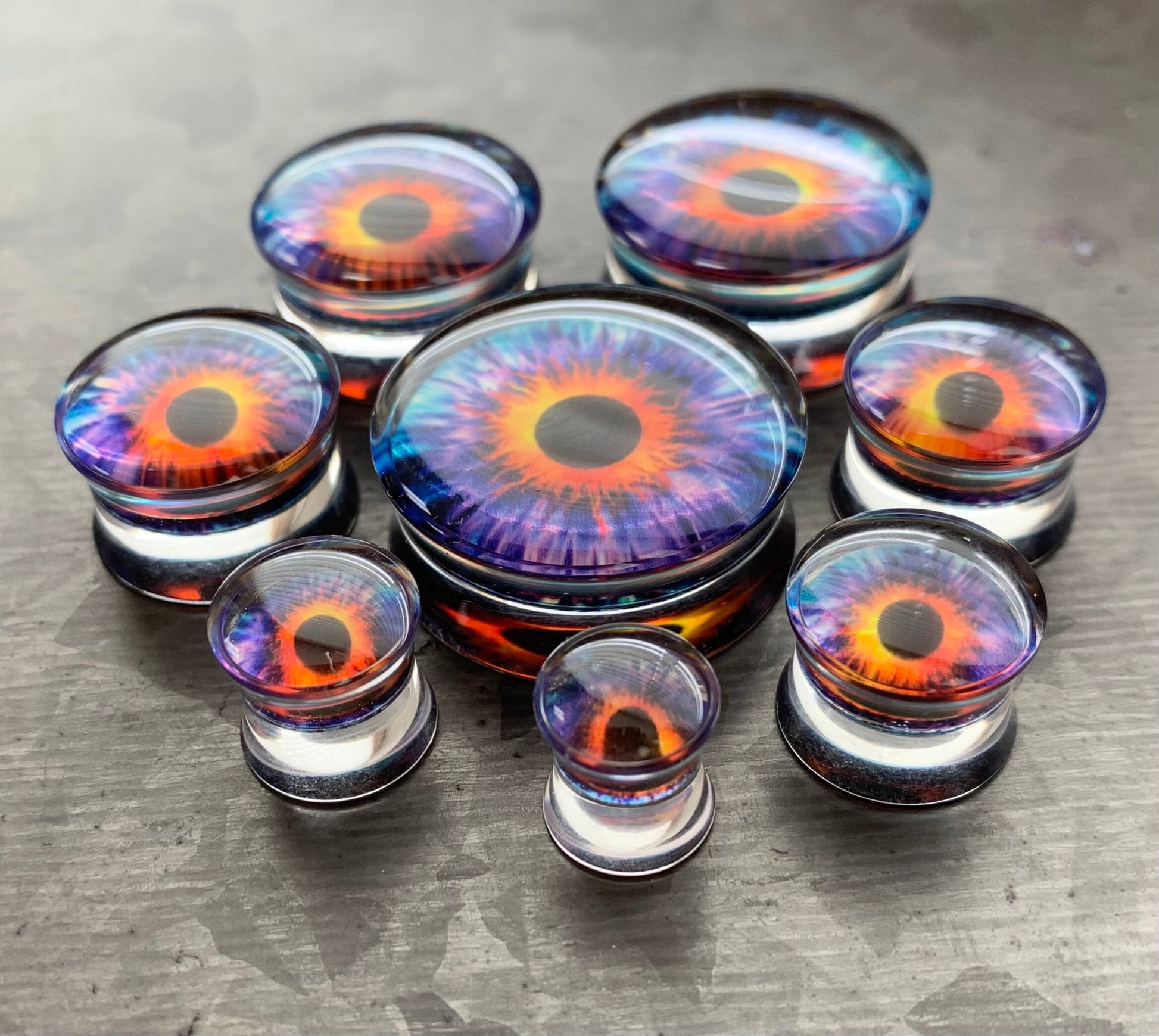 PAIR of Unique Purple Eye Encased Acrylic Saddle Plugs - Gauges 0g (8mm) thru 1" (25mm) available!