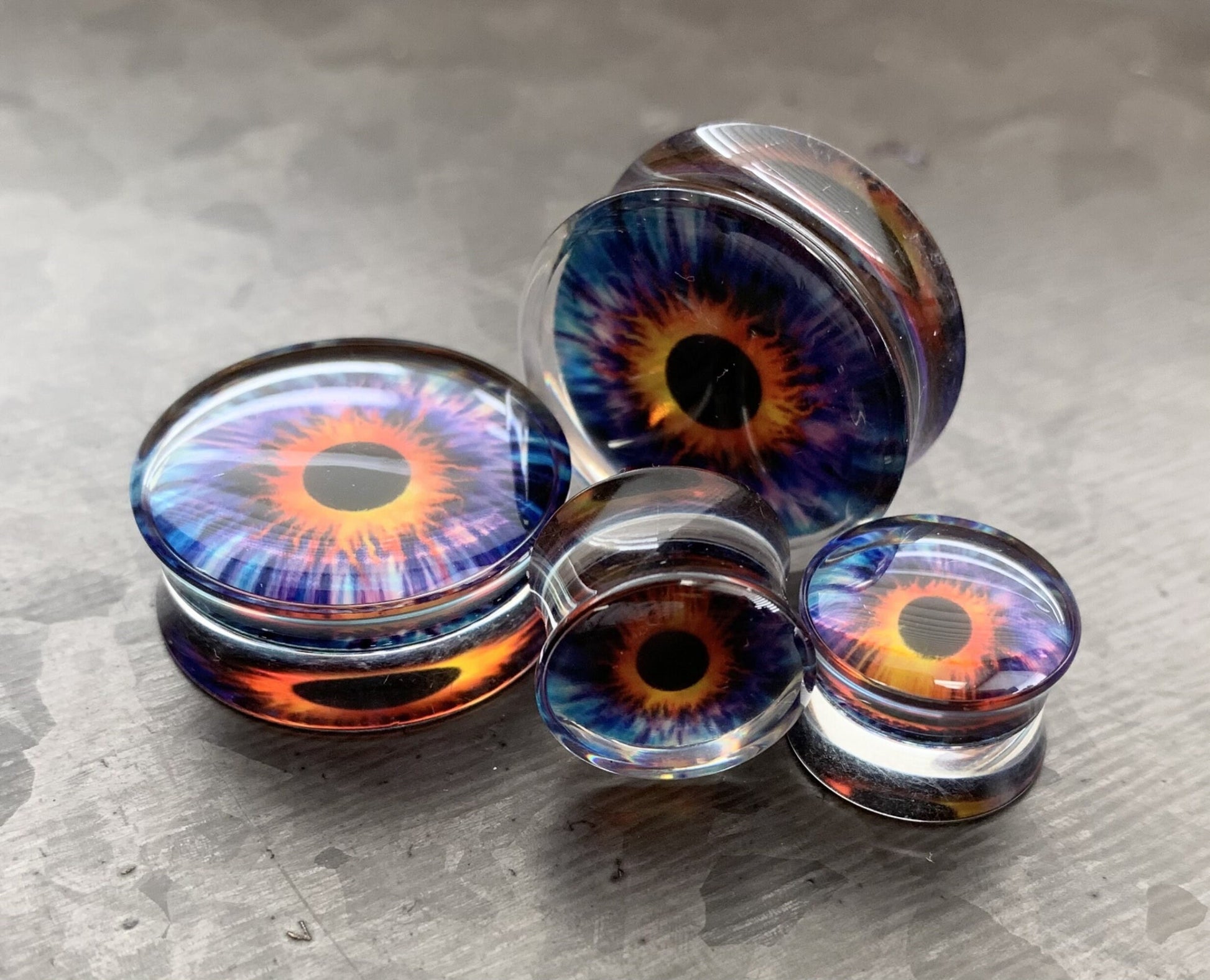 PAIR of Unique Purple Eye Encased Acrylic Saddle Plugs - Gauges 0g (8mm) thru 1" (25mm) available!