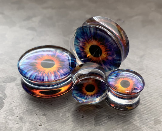 PAIR of Unique Purple Eye Encased Acrylic Saddle Plugs - Gauges 0g (8mm) thru 1" (25mm) available!