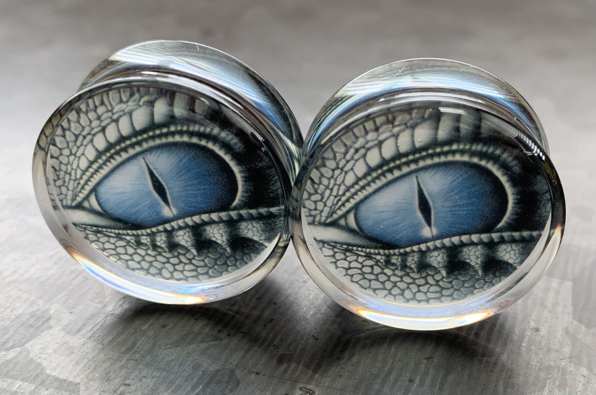 PAIR of Stunning Blue Dragon Eye Encased Acrylic White Walker Saddle Plugs - Gauges 0g (8mm) thru 1" (25mm) available!