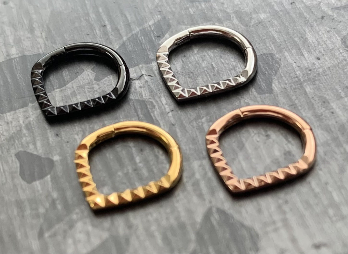 1 Piece Unique Lined Pyramid Cuts Chevron Steel Hinged Segment Ring - 16g - 8mm internal diameter!