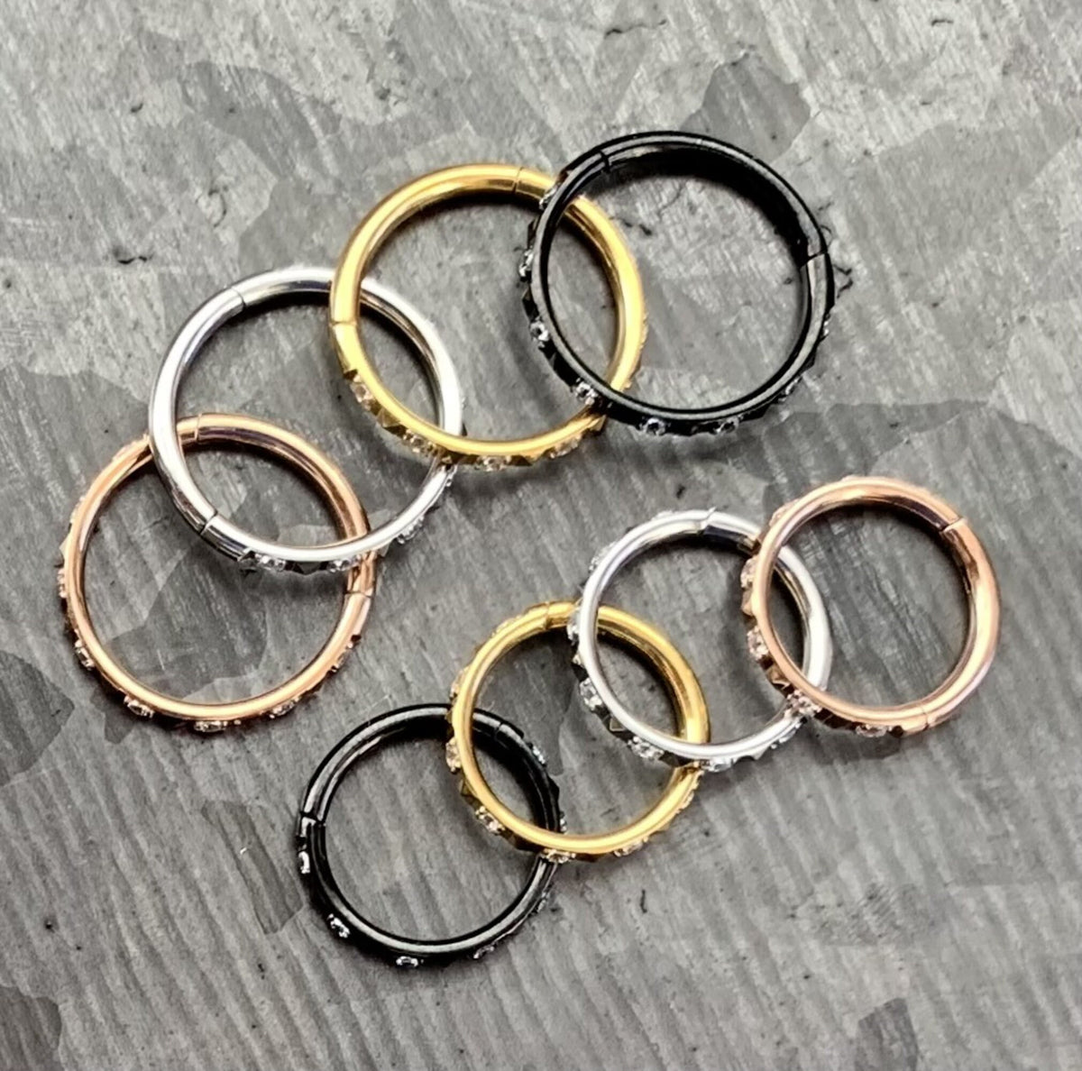 1 Piece Beautiful Hinged Surgical Steel CZ Gems & Pyramids Segment Ring -16g - Diameter 8mm or 10mm available!
