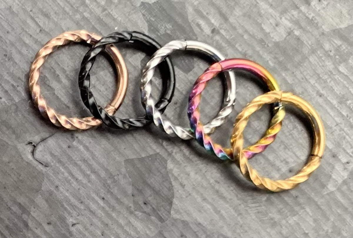 1 Piece Stunning Stainless Steel Twisted Style Hinged Segment Ring - 16g, 8mm - Steel, Black, Gold, Rose Gold, and Rainbow available!