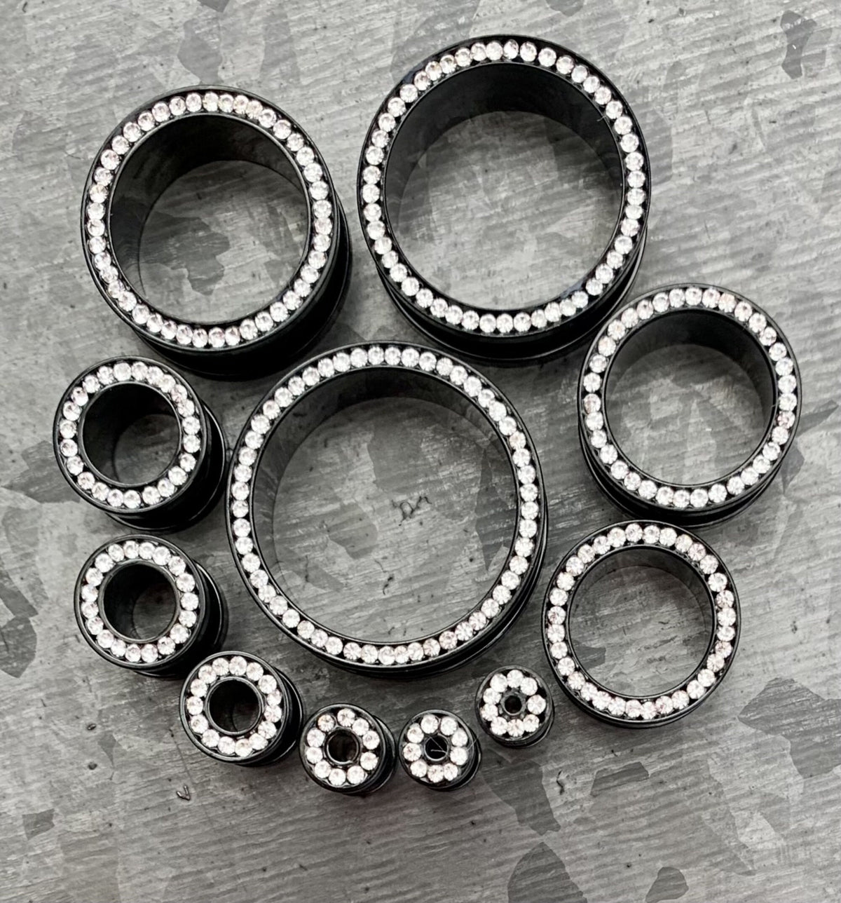 PAIR of Stunning CZ Gem Rimmed Screw Fit Black PVD Steel Tunnels - Gauges 10g (3mm) thru 1" (25mm) available!